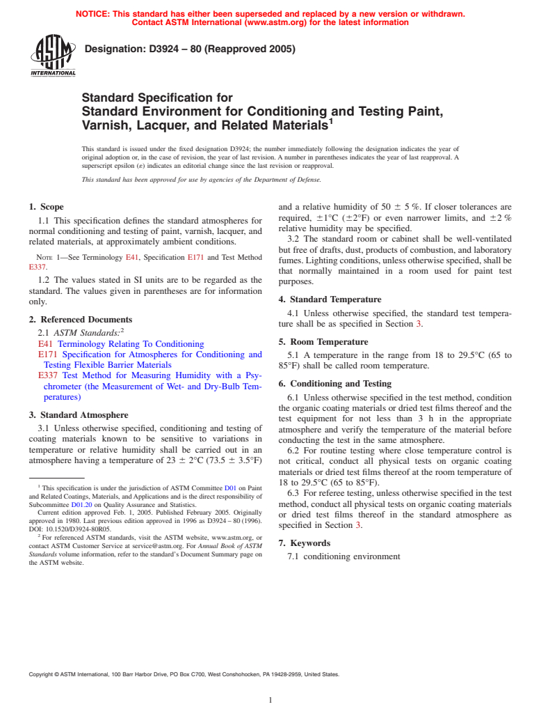 ASTM D3924-80(2005) - Standard Specification for Standard Environment for Conditioning and Testing Paint, Varnish, Lacquer, and Related Materials