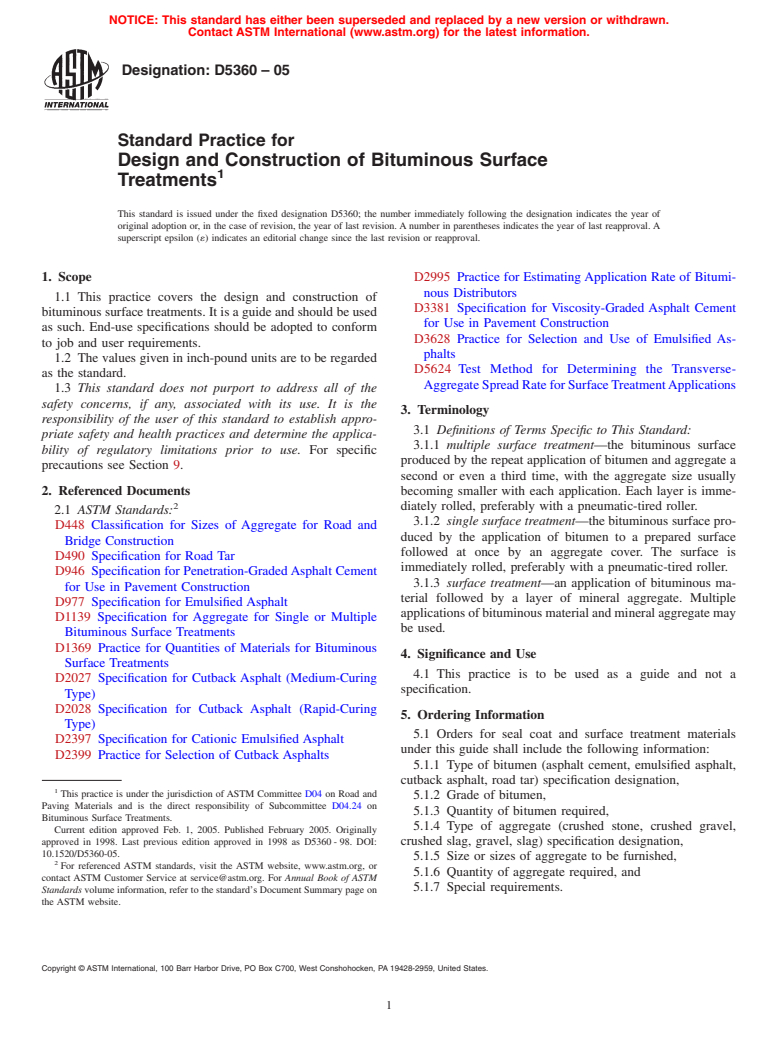 ASTM D5360-05 - Standard Practice for Design and Construction of Bituminous Surface Treatments