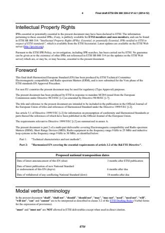 SIST EN 300 330-2 V1.6.1:2015 ETSI EN 300 330-2 V1.6.1 (2014-12) - Electromagnetic compatibility and Radio spectrum Matters (ERM); Short Range Devices (SRD); Radio equipment in the frequency range 9 kHz to 25 MHz and inductive loop systems in the frequency range 9 kHz to 30 MHz; Part 2: Harmonized EN covering the essential requirements of article 3.2 of the R&TTE Directive - Page 4 preview