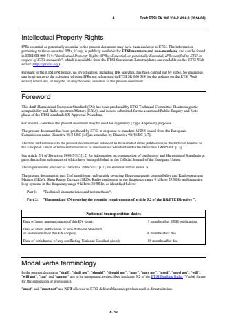 SIST EN 300 330-2 V1.6.1:2015 ETSI EN 300 330-2 V1.6.0 (2014-06) - Electromagnetic compatibility and Radio spectrum Matters (ERM); Short Range Devices (SRD); Radio equipment in the frequency range 9 kHz to 25 MHz and inductive loop systems in the frequency range 9 kHz to 30 MHz; Part 2: Harmonized EN covering the essential requirements of article 3.2 of the R&TTE Directive - Page 4 preview