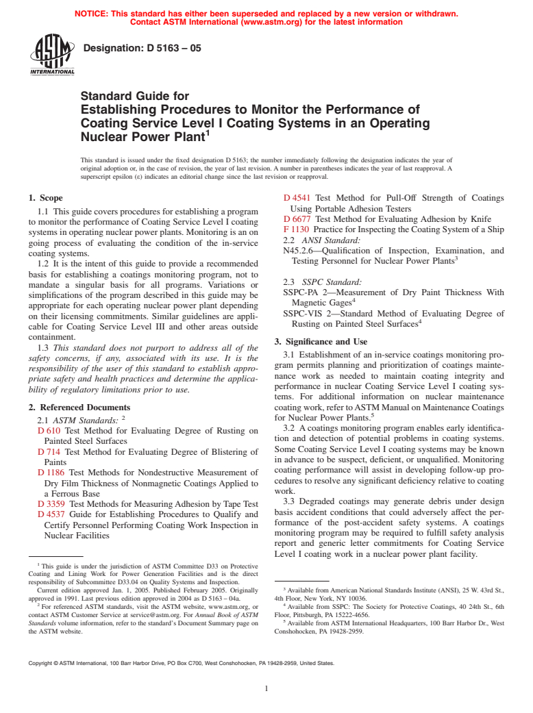 ASTM D5163-05 - Standard Guide for Establishing Procedures to Monitor the Performance of Service Level I Coatings in an Operating Nuclear Power Plant