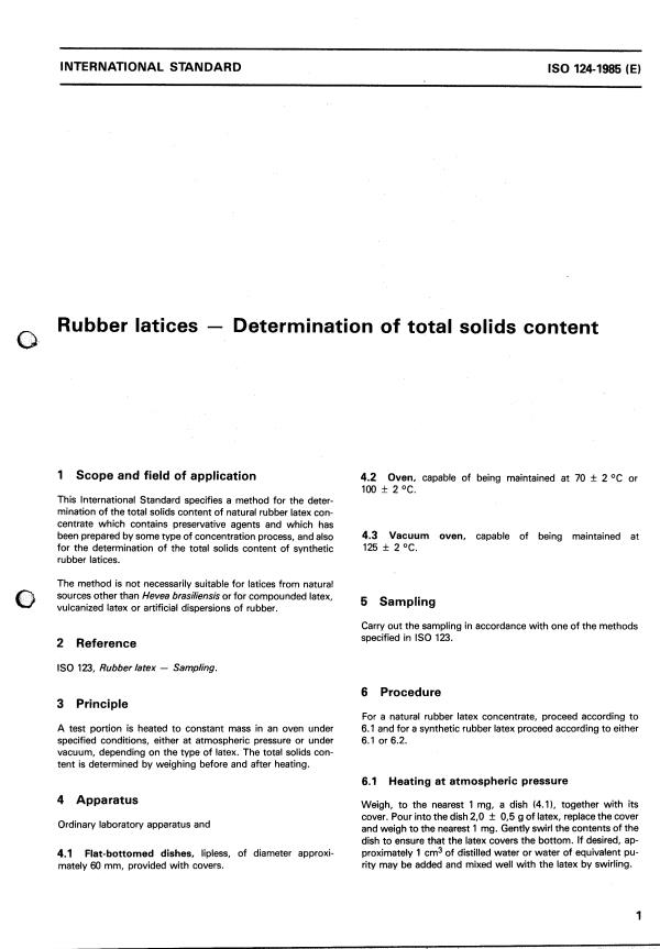 ISO 124:1985 - Rubber latices -- Determination of total solids content