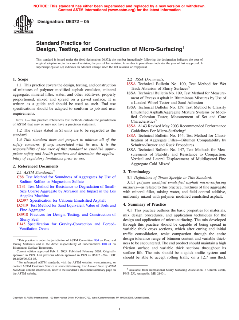 ASTM D6372-05 - Standard Practice for Design, Testing, and Construction of Micro-Surfacing