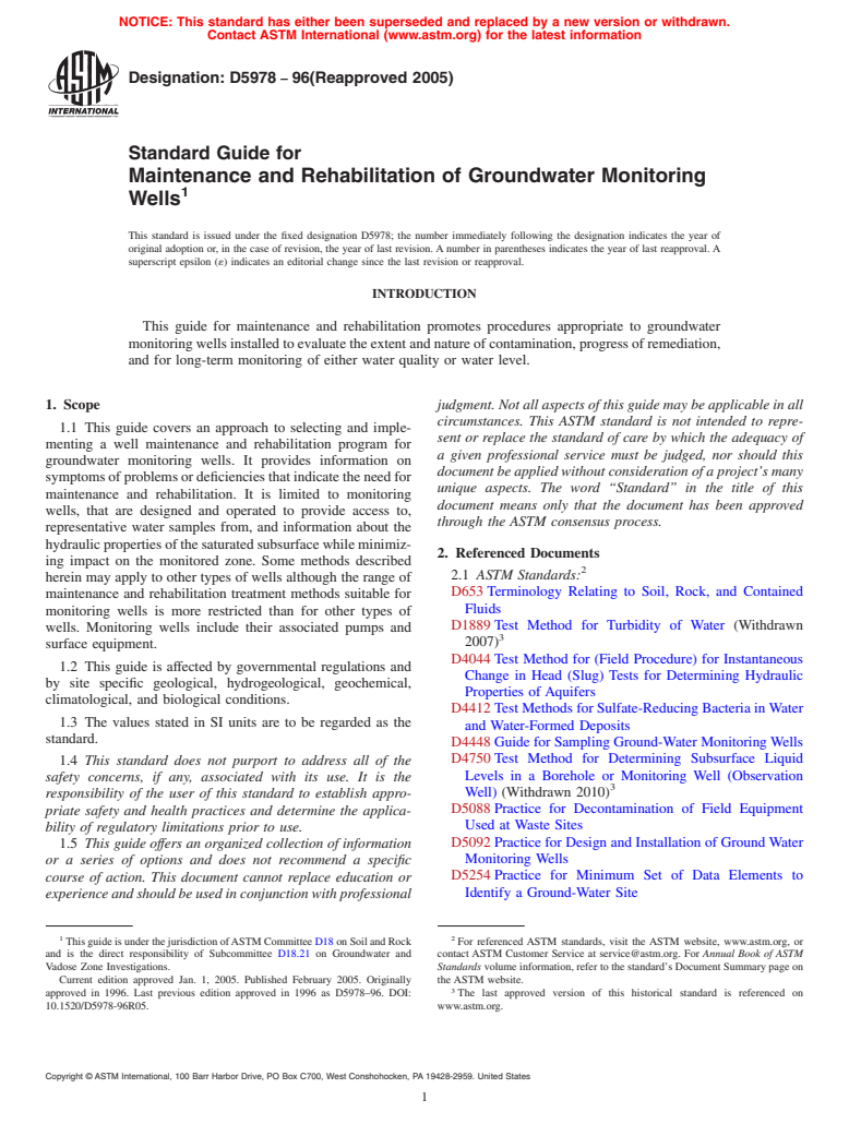 ASTM D5978-96(2005) - Standard Guide for  Maintenance and Rehabilitation of Groundwater Monitoring Wells