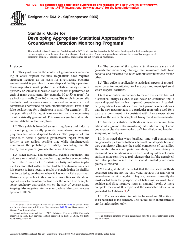 ASTM D6312-98(2005) - Standard Guide for  Developing Appropriate Statistical Approaches for Groundwater Detection Monitoring Programs