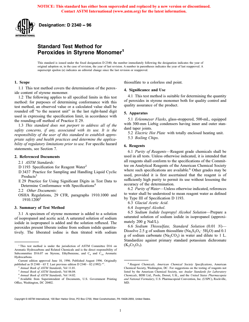 ASTM D2340-96 - Standard Test Method for Peroxides in Styrene Monomer