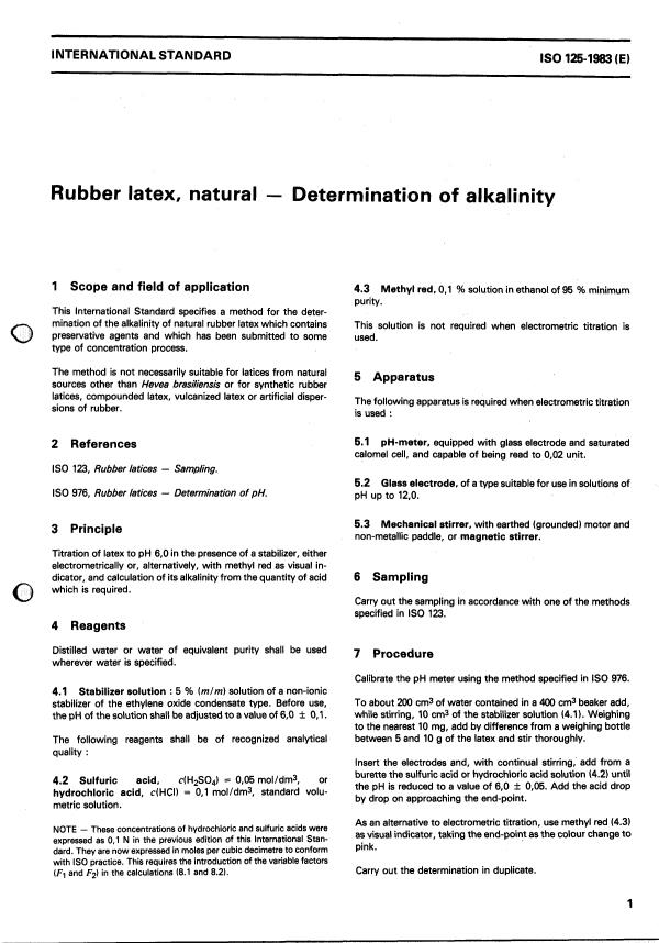ISO 125:1983 - Rubber latex, natural -- Determination of alkalinity