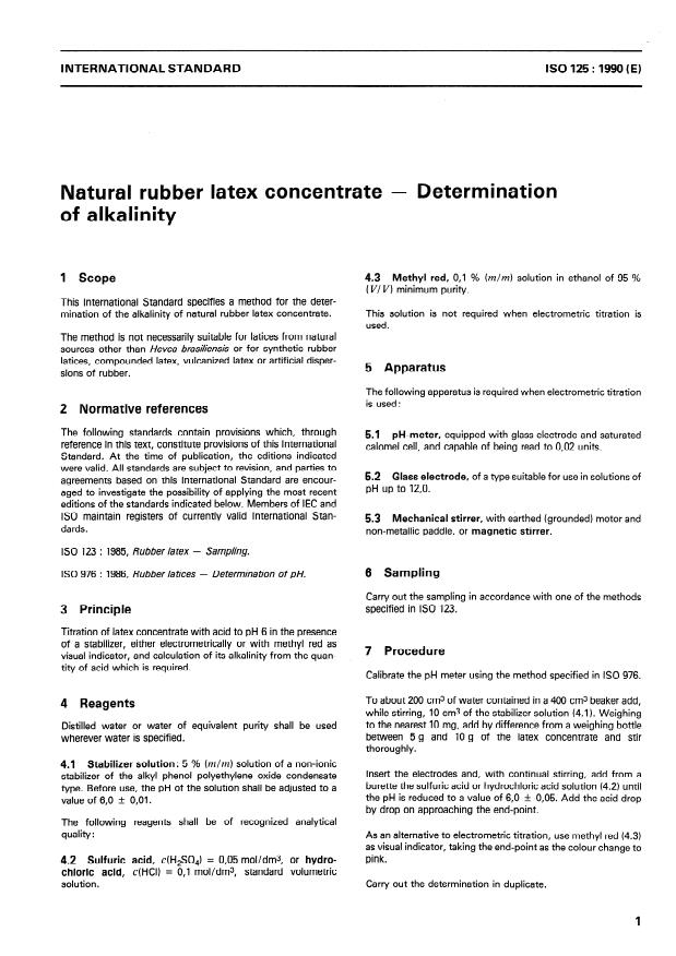 ISO 125:1990 - Natural rubber latex concentrate -- Determination of alkalinity