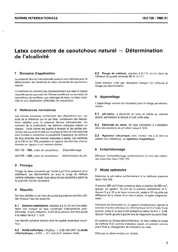 ISO 125:1990 - Latex concentré de caoutchouc naturel -- Détermination de l'alcalinité