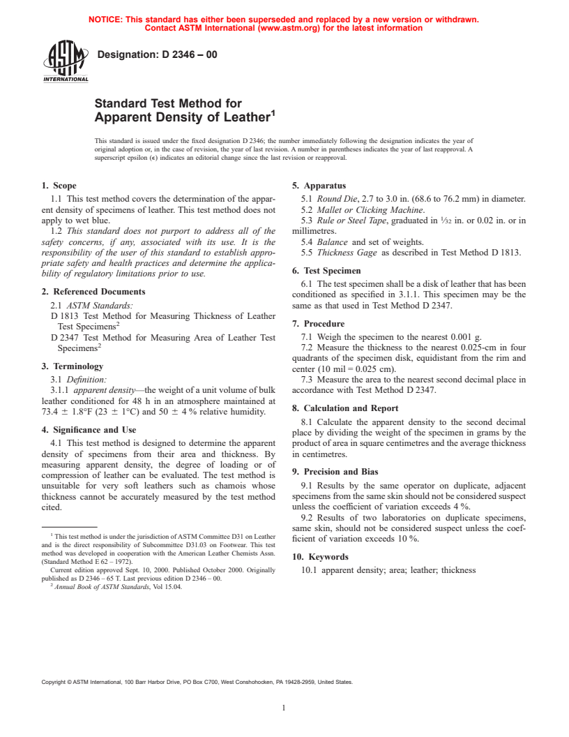 ASTM D2346-00 - Standard Test Method for Apparent Density of Leather