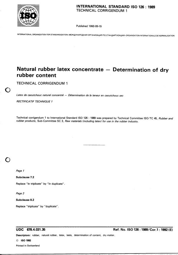 ISO 126:1989 - Natural rubber latex concentrate -- Determination of dry rubber content