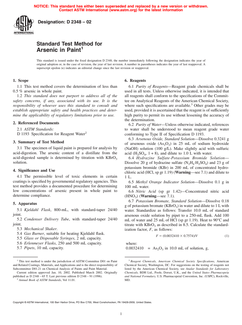 ASTM D2348-02 - Standard Test Method for Arsenic in Paint (Withdrawn 2009)