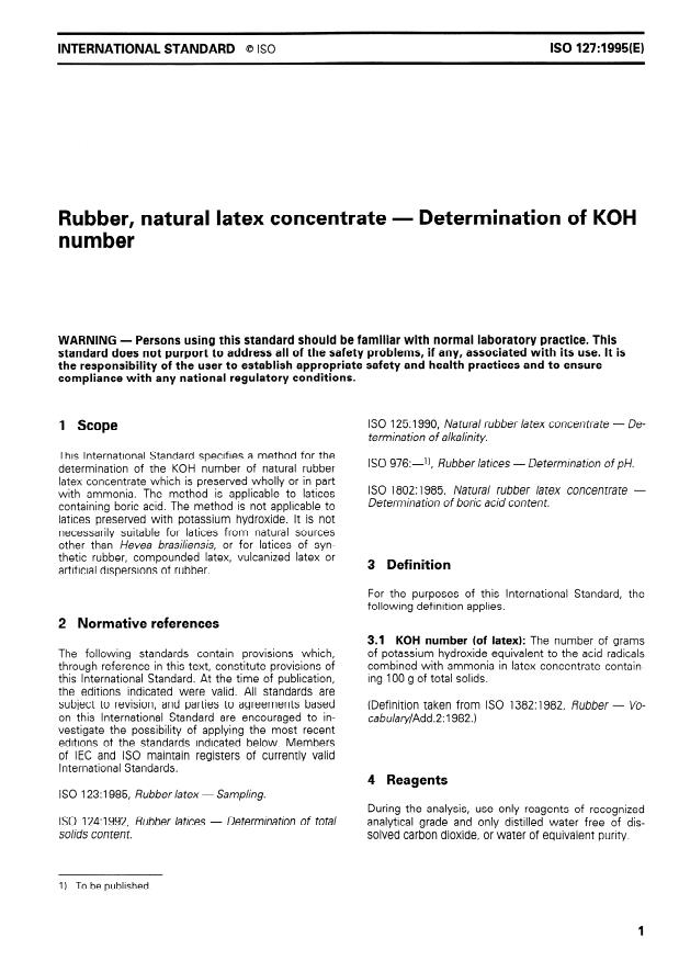 ISO 127:1995 - Rubber, natural latex concentrate -- Determination of KOH number