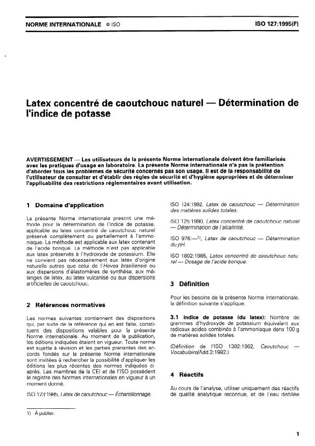 ISO 127:1995 - Latex concentré de caoutchouc naturel -- Détermination de l'indice de potasse