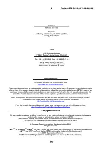 SIST EN 319 403 V2.2.2:2016 ETSI EN 319 403 V2.2.0 (2015-06) - Electronic Signatures and Infrastructures (ESI); Trust Service Provider Conformity Assessment - Requirements for conformity assessment bodies assessing Trust Service Providers - Page 2 preview