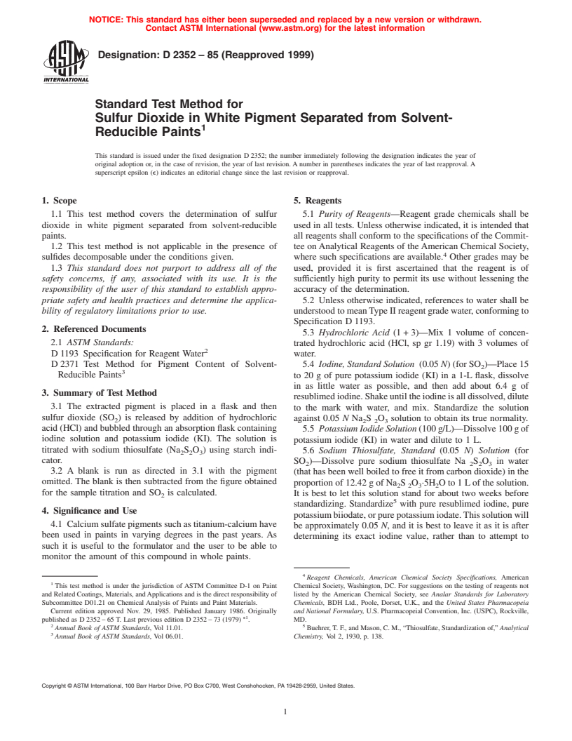 ASTM D235285(1999) Standard Test Method for Sulfur Dioxide in White