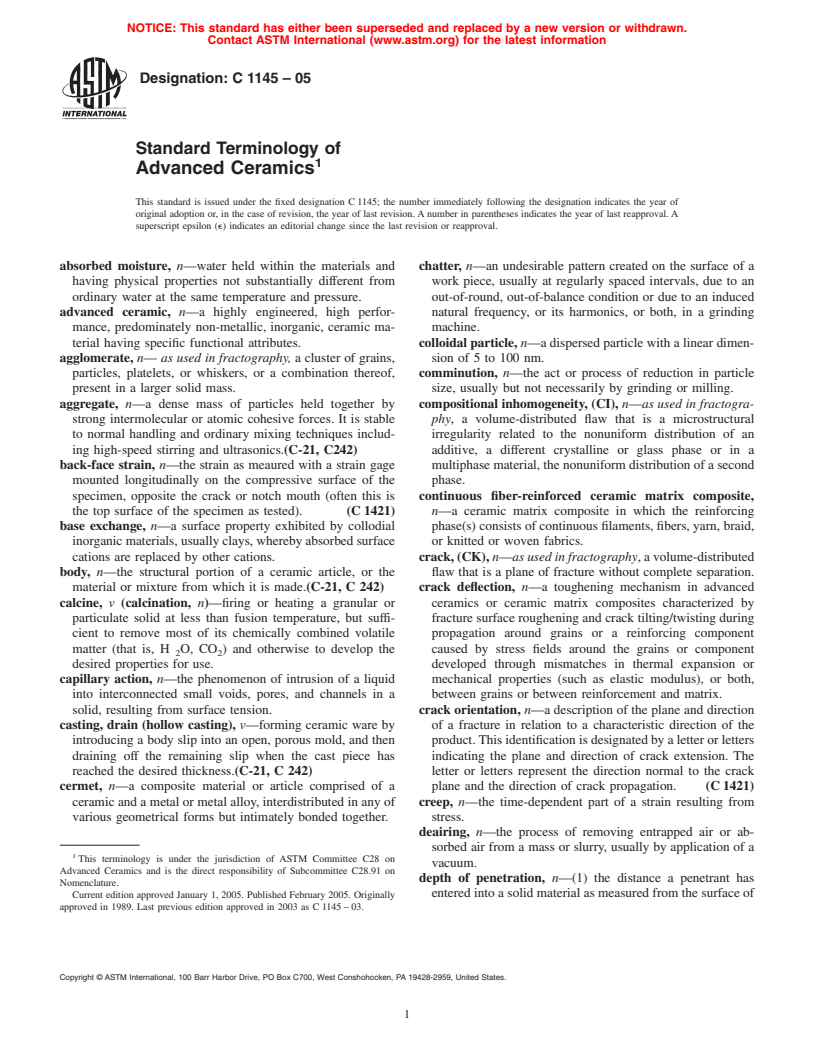 ASTM C1145-05 - Standard Terminology of Advanced Ceramics