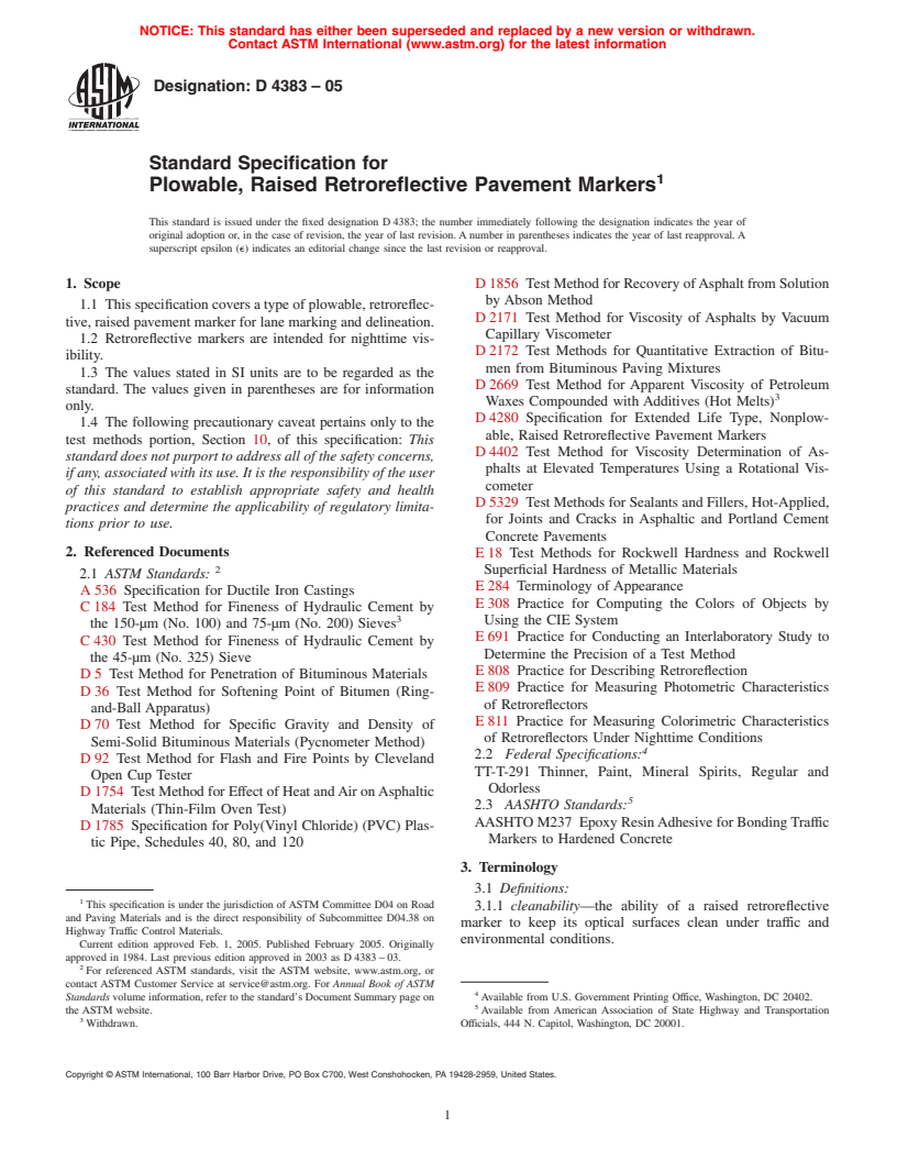 ASTM D4383-05 - Standard Specification for Plowable, Raised Retroreflective Pavement Markers