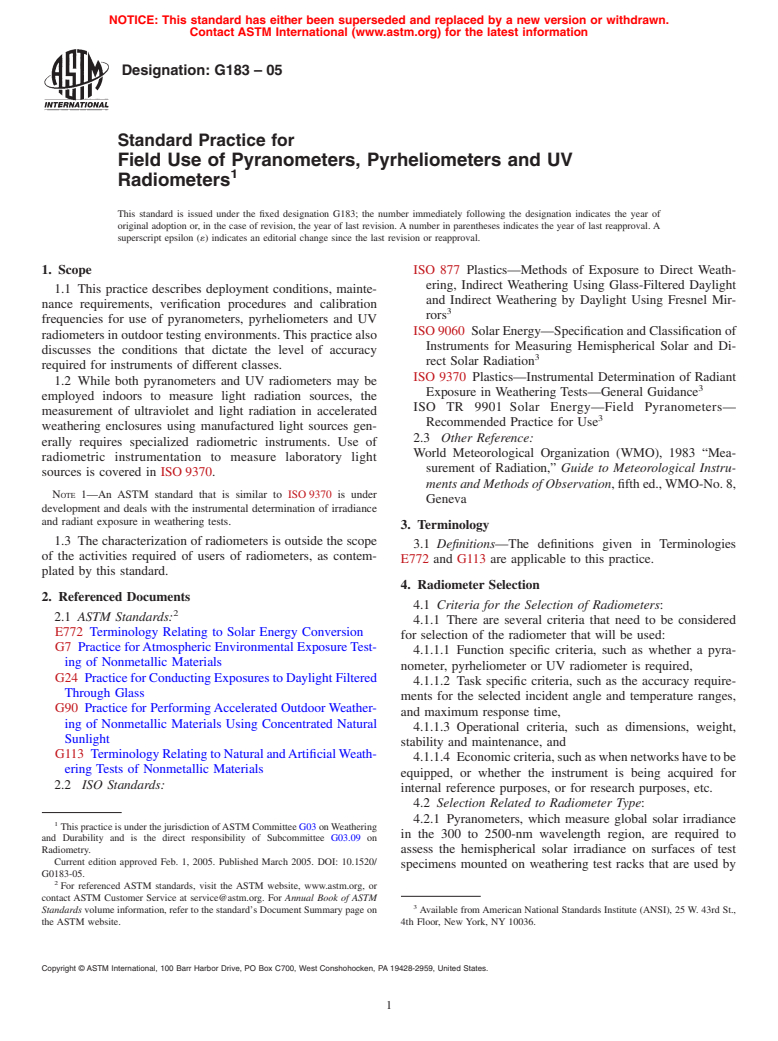 ASTM G183-05 - Standard Practice for Field Use of Pyranometers, Pyrheliometers and UV Radiometers