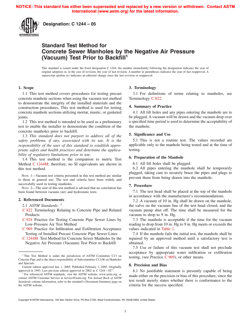 ASTM C1244-05 - Standard Test Method for Concrete Sewer Manholes by the Negative Air Pressure (Vacuum) Test Prior to Backfill