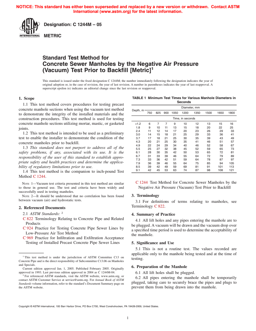 Astm C M Standard Test Method For Concrete Sewer Manholes By The Negative Air Pressure