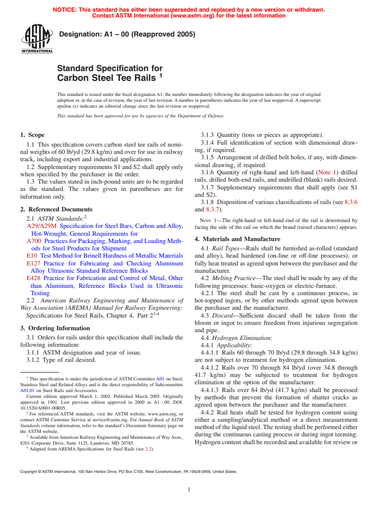 ASTM A1-00(2005) - Standard Specification for Carbon Steel Tee Rails