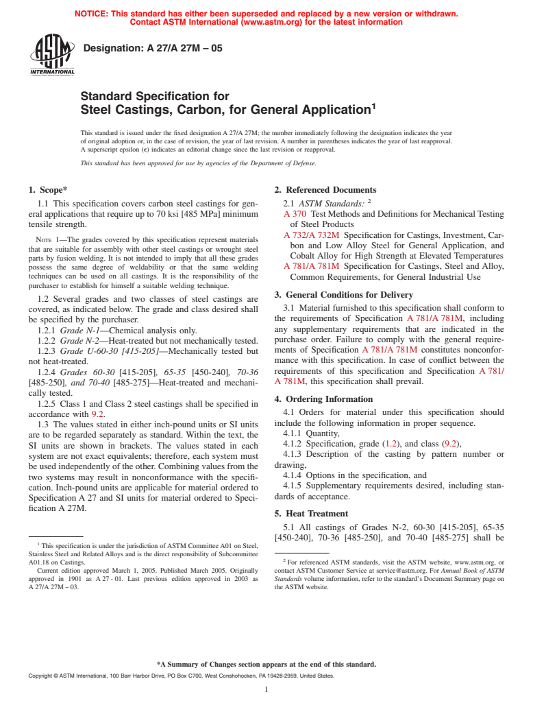 ASTM A27/A27M-05 - Standard Specification for Steel Castings, Carbon, for General Application