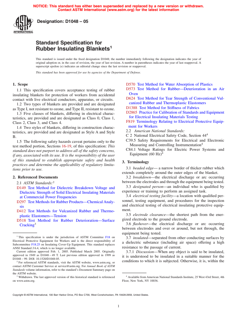 ASTM D1048-05 - Standard Specification for Rubber Insulating Blankets