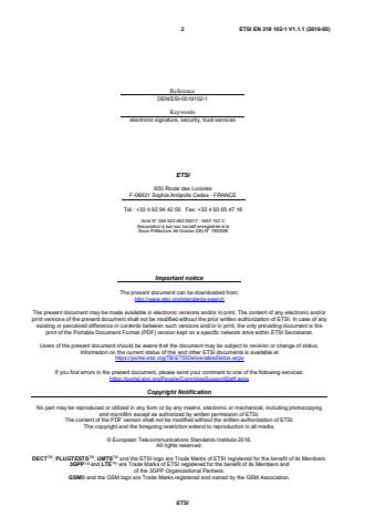 SIST EN 319 102-1 V1.1.1:2016 ETSI EN 319 102-1 V1.1.1 (2016-05) - Electronic Signatures and Infrastructures (ESI); Procedures for Creation and Validation of AdES Digital Signatures; Part 1: Creation and Validation - Page 2 preview