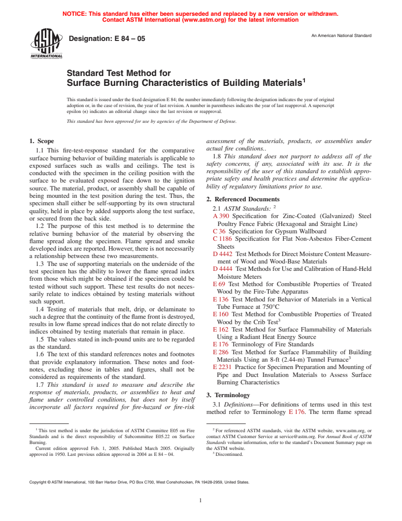 ASTM E84-05 - Standard Test Method for Surface Burning Characteristics of Building Materials