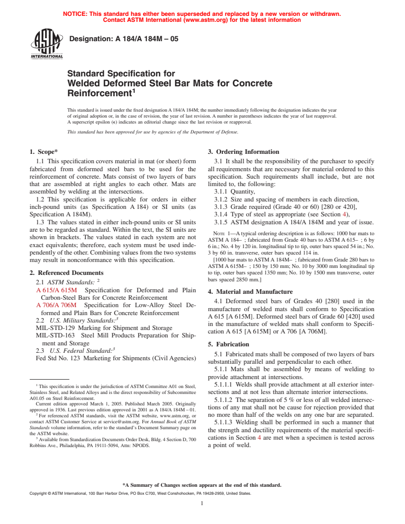 ASTM A184/A184M-05 - Standard Specification for Fabricated Deformed Steel Bar Mats for Concrete Reinforcement