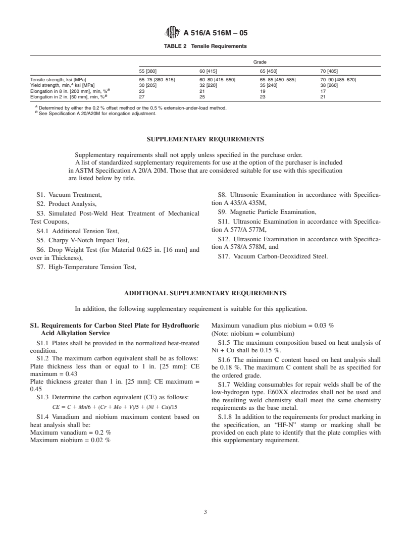 ASTM A516/A516M-05 - Standard Specification for Pressure Vessel Plates, Carbon Steel, for Moderate- and Lower-Temperature Service