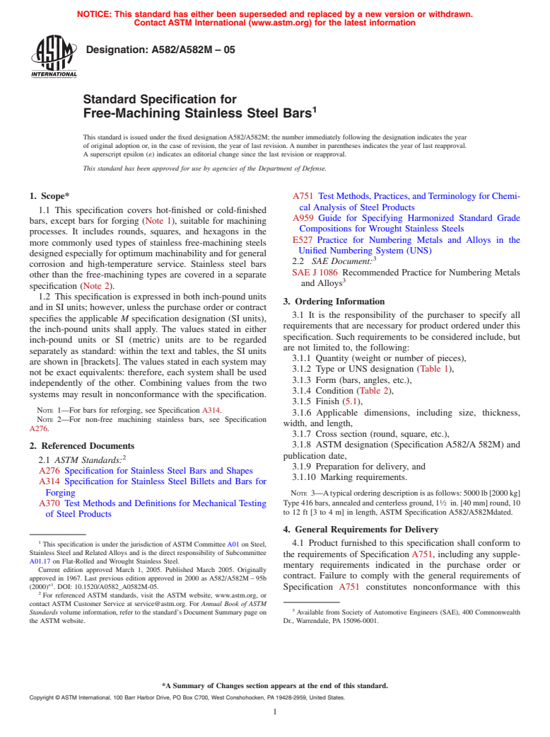 ASTM A582/A582M-05 - Standard Specification for Free-Machining Stainless Steel Bars