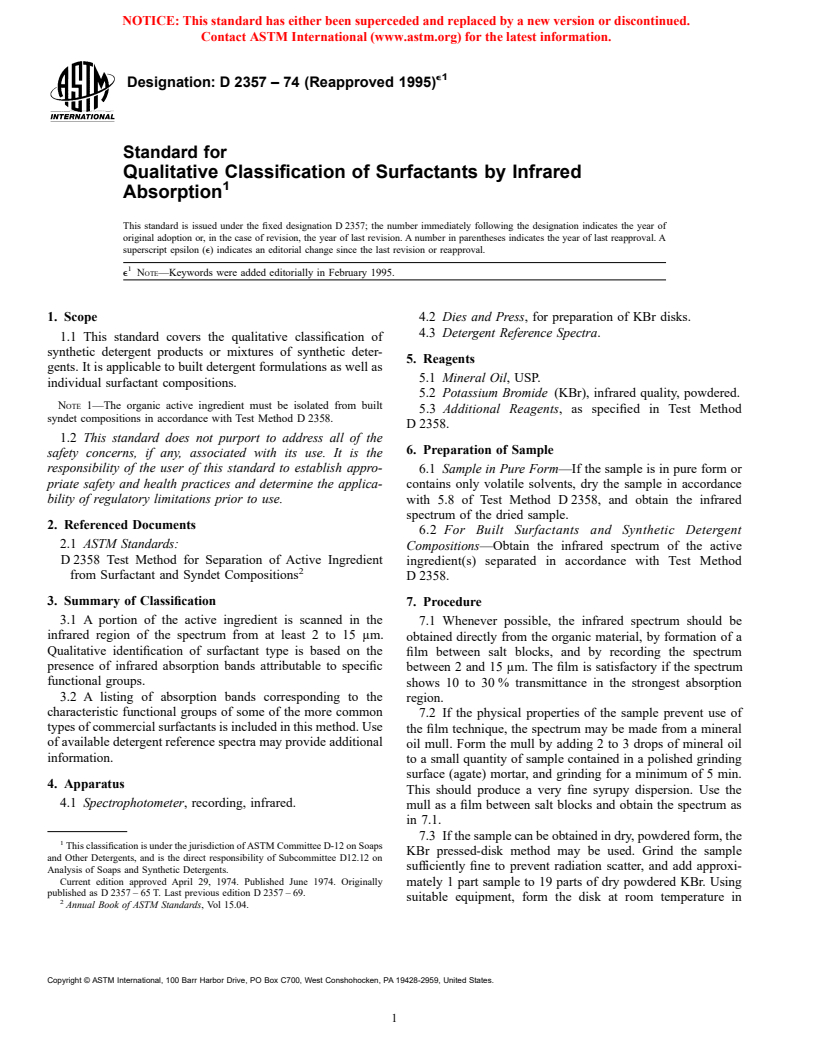 ASTM D2357-74(1995)e1 - Standard for Qualitative Classification of Surfactants by Infrared Absorption