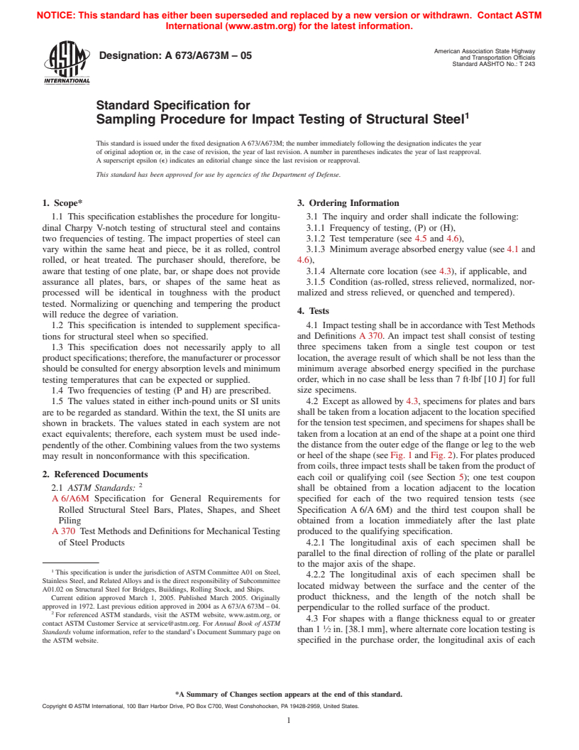 ASTM A673/A673M-05 - Standard Specification for Sampling Procedure for Impact Testing of Structural Steel