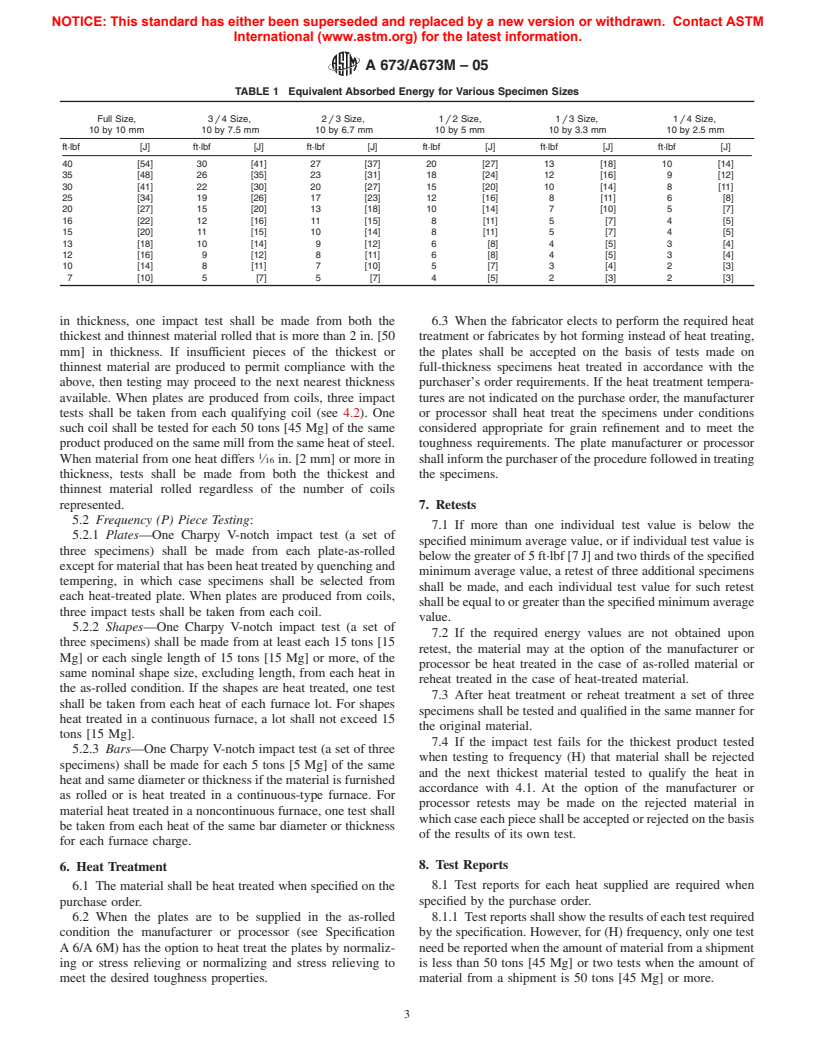 ASTM A673/A673M-05 - Standard Specification for Sampling Procedure for Impact Testing of Structural Steel