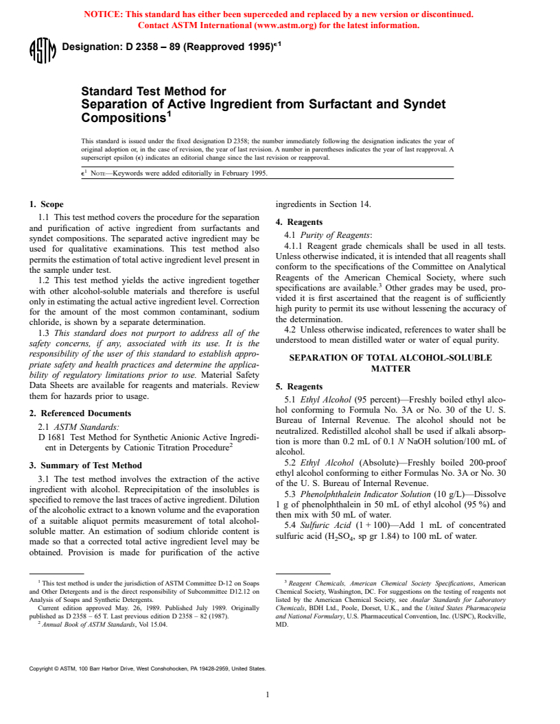 ASTM D2358-89(1995)e1 - Standard Test Method for Separation of Active Ingredient from Surfactant and Syndet Compositions