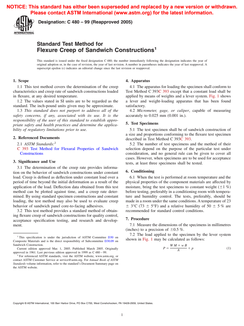 ASTM C480-99(2005) - Standard Test Method for Flexure Creep of Sandwich Constructions