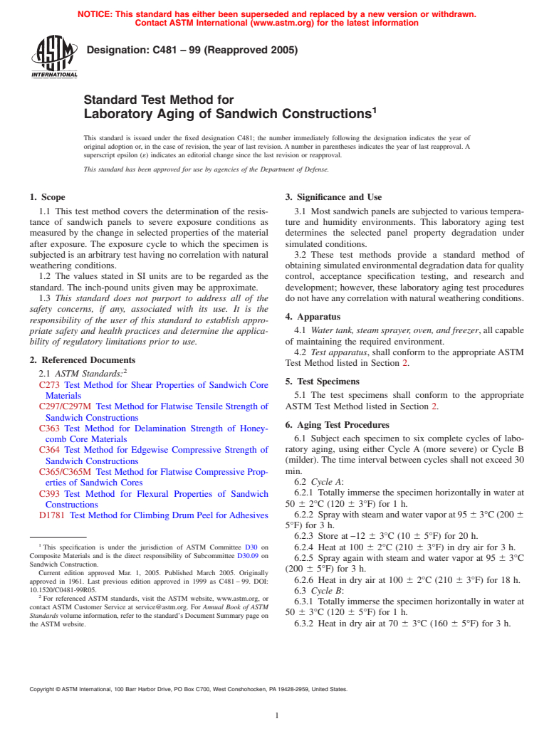 ASTM C481-99(2005) - Standard Test Method for Laboratory Aging of Sandwich Constructions