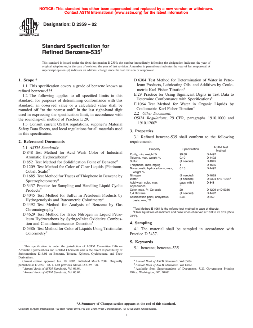 ASTM D2359-02 - Standard Specification for Refined Benzene-535