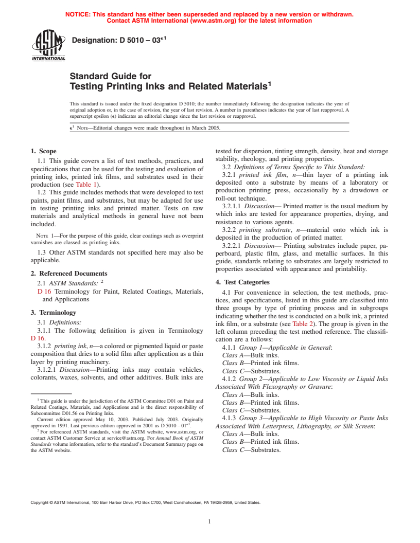 ASTM D5010-03e1 - Standard Guide for Testing Printing Inks and Related Materials