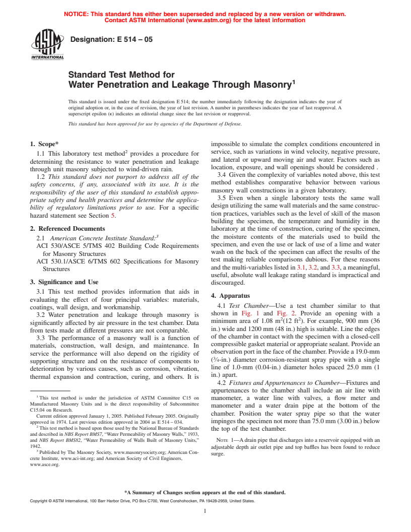 ASTM E514-05 - Standard Test Method for Water Penetration and Leakage Through Masonry