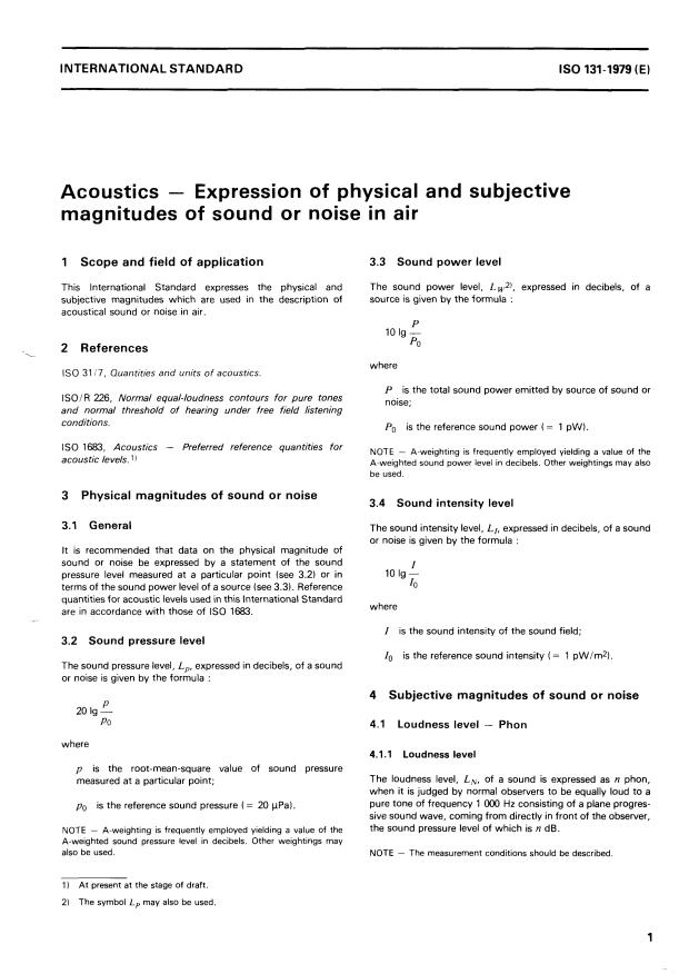 ISO 131:1979 - Acoustics -- Expression of physical and subjective magnitudes of sound or noise in air
