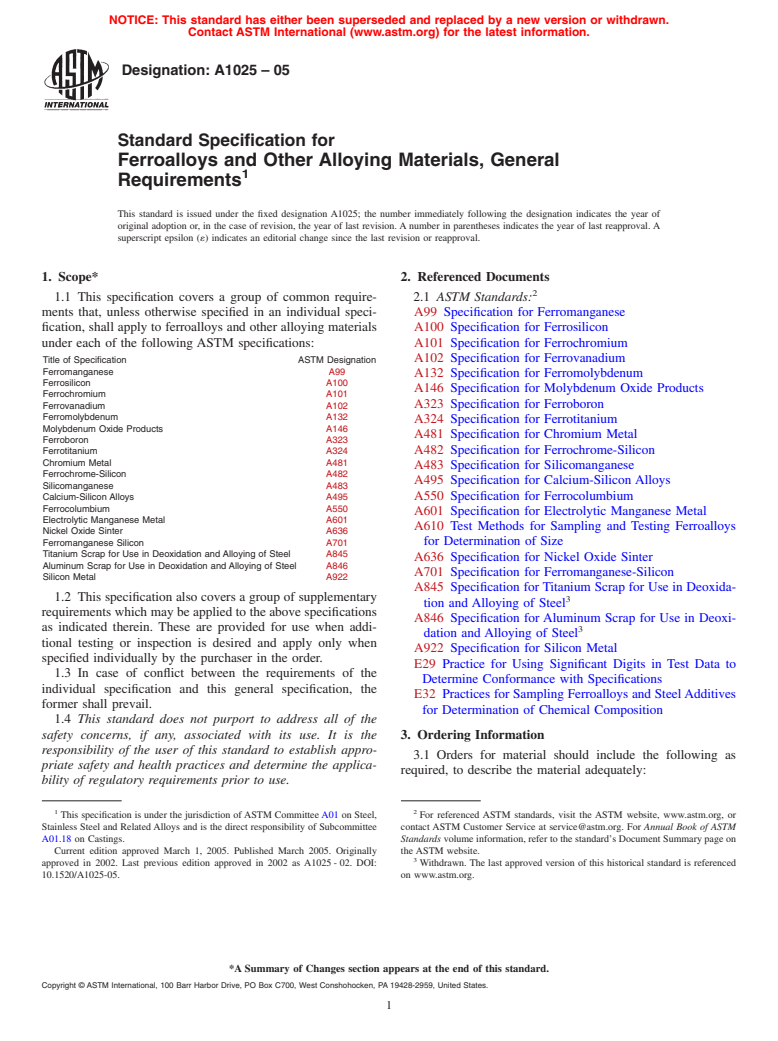 ASTM A1025-05 - Standard Specification for Ferroalloys, General Requirements