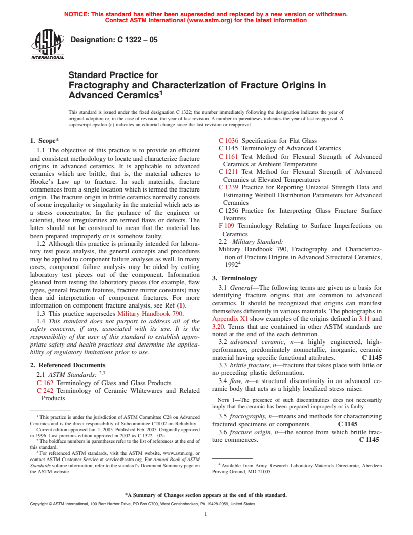 ASTM C1322-05 - Standard Practice for Fractography and Characterization of Fracture Origins in Advanced Ceramics