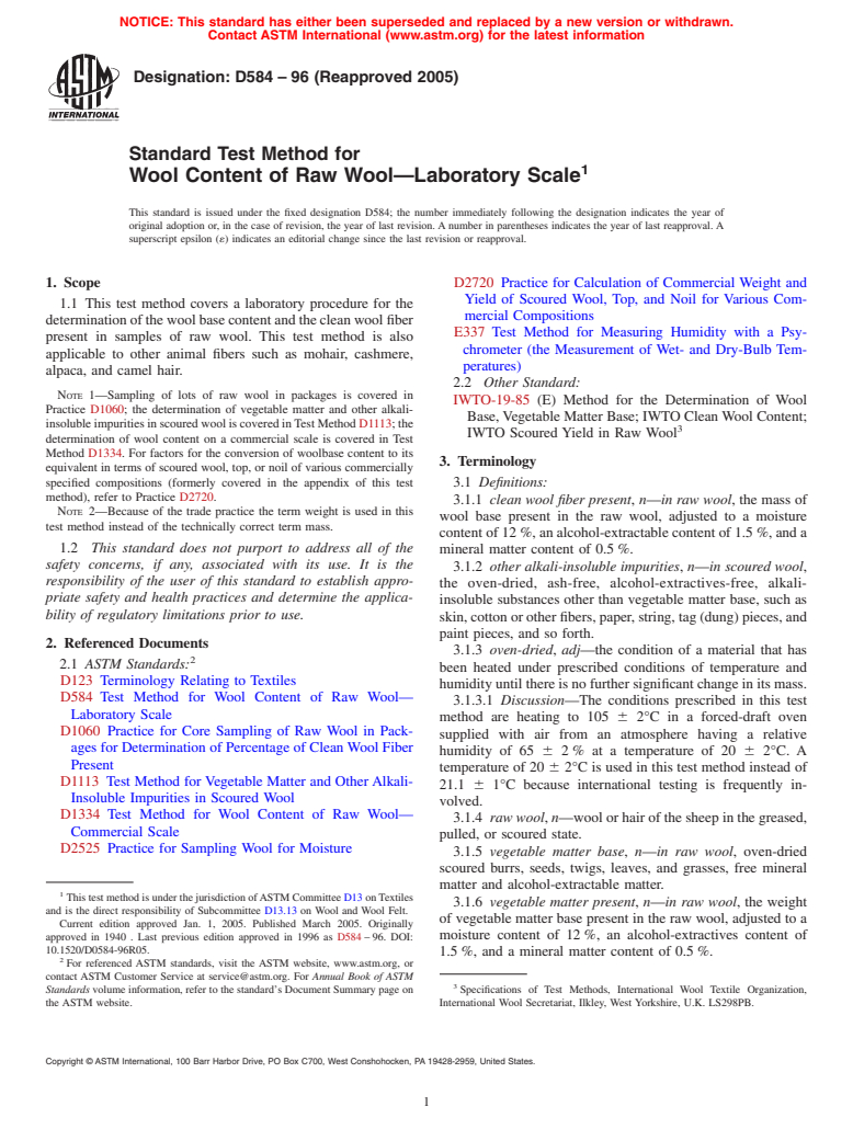 ASTM D584-96(2005) - Standard Test Method for Wool Content of Raw Wool-Laboratory Scale