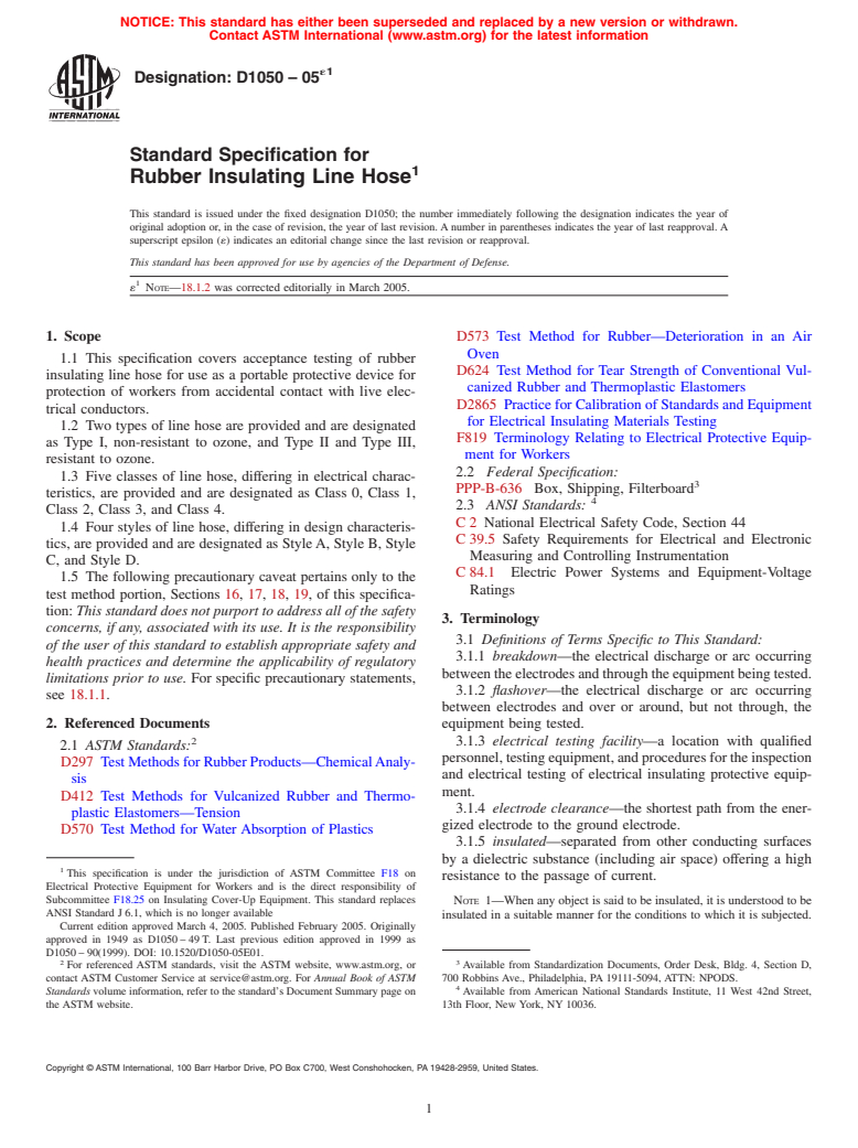 ASTM D1050-05e1 - Standard Specification for Rubber Insulating Line Hose