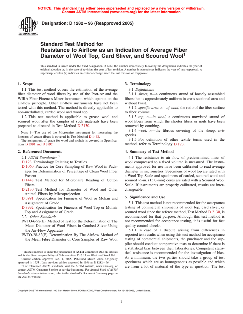 ASTM D1282-96(2005) - Standard Test Method for Resistance to Airflow as an Indication of Average Fiber Diameter of Wool Top, Card Sliver, and Scoured Wool