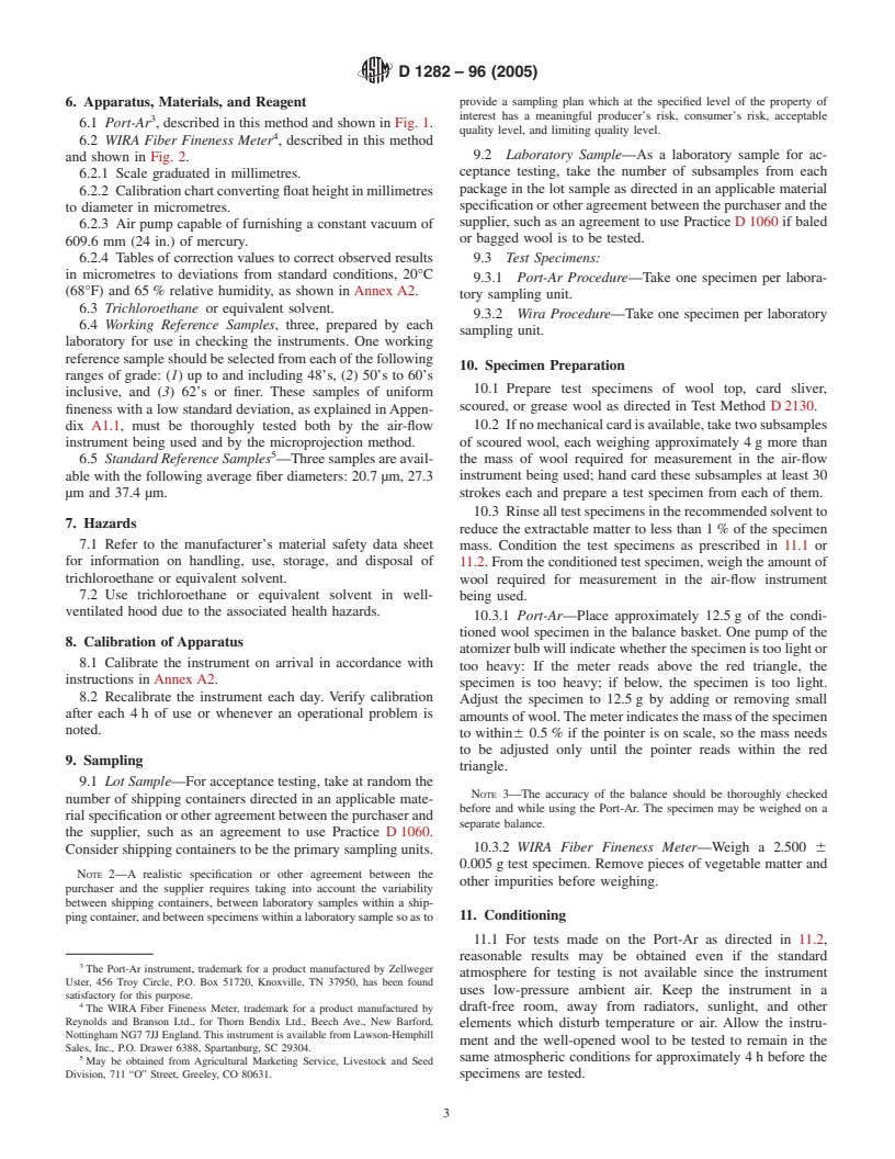 ASTM D1282-96(2005) - Standard Test Method for Resistance to Airflow as an Indication of Average Fiber Diameter of Wool Top, Card Sliver, and Scoured Wool