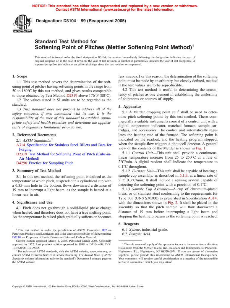 ASTM D3104-99(2005) - Standard Test Method for Softening Point of Pitches (Mettler Softening Point Method)